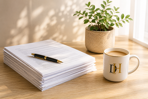 Dokumentenstapel, Stift, Pflanze und Tasse als Symbol für verständliche Dokumentenhilfe